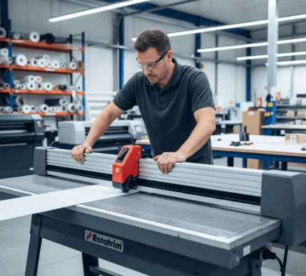 Rotatrim Technical T Series rotary cutter trimming large print material on a production worktable