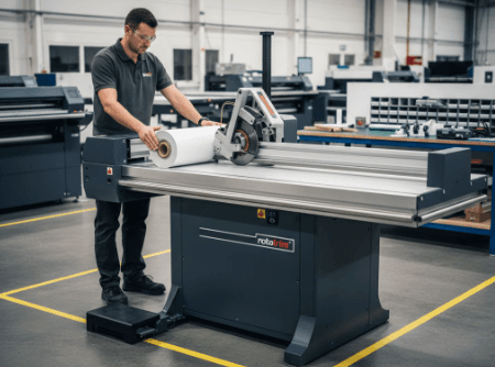 Rotatrim PowerTech PT Series motorized cutter trimming large vinyl graphics in a professional print shop