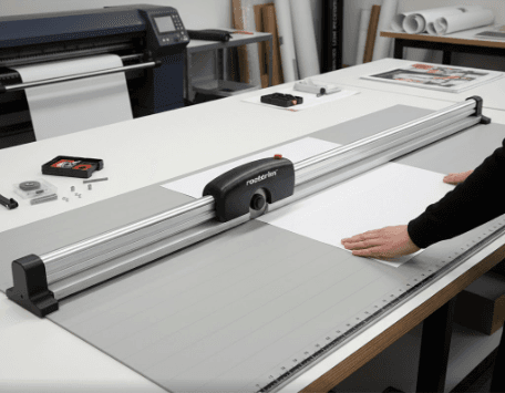 Rotatrim Monorail MR Series rotary cutter trimming large format posters on a worktable