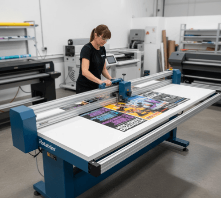 Rotatrim DigiTech+ DT Series rotary cutter trimming large format printed material in a production workspace