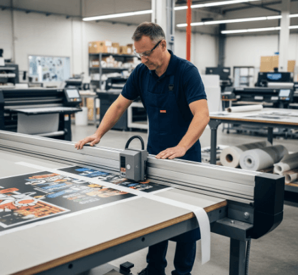operator using Rotatrim Technical T Series cutter to trim large format printed graphics